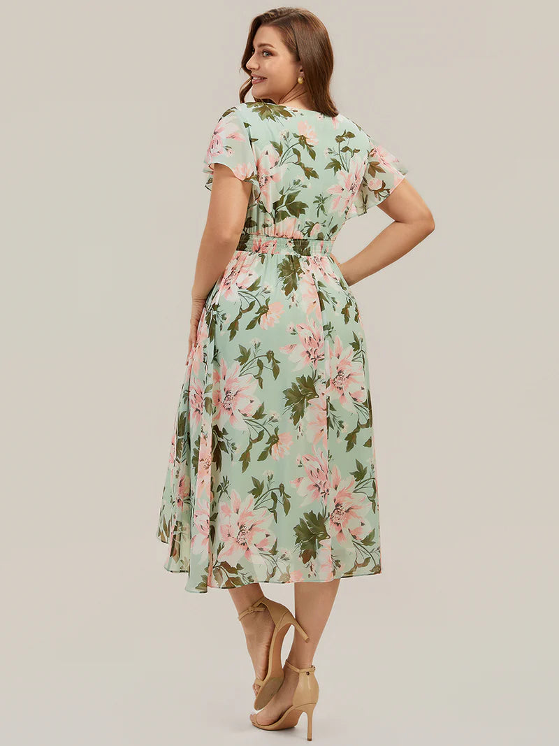 Garden Stroll | V Neck A-Line Midi Dress | Light Green Floral
