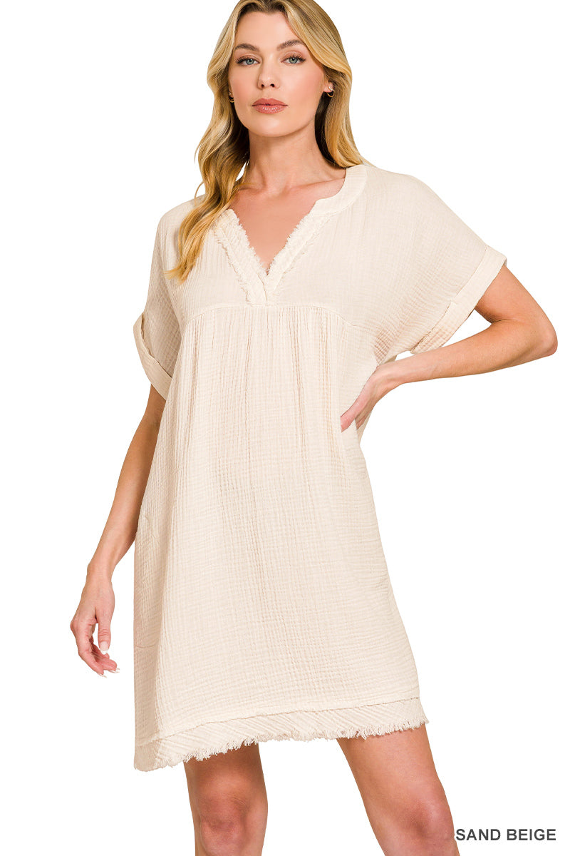 Morning Breeze | Gauze Rolled Short Sleeve V-Neck Dress | Sand Beige The Zesty Lemon Clothing Co Morning Breeze | Gauze Rolled Short Sleeve V-Neck Dress | Sand Beige The Zesty Lemon Clothing Co