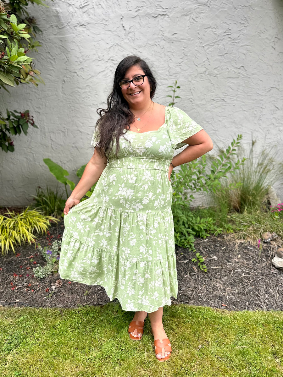 Fiore Bella Floral Short Sleeve Midi Dress | Light Green