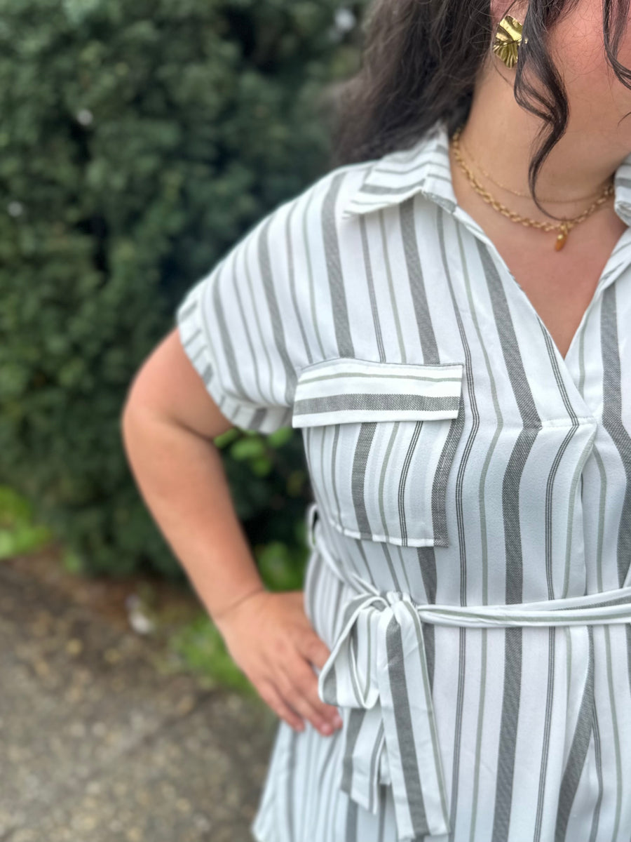 Mary | Collared Short Sleeve Belted Shirt Dress | Khaki