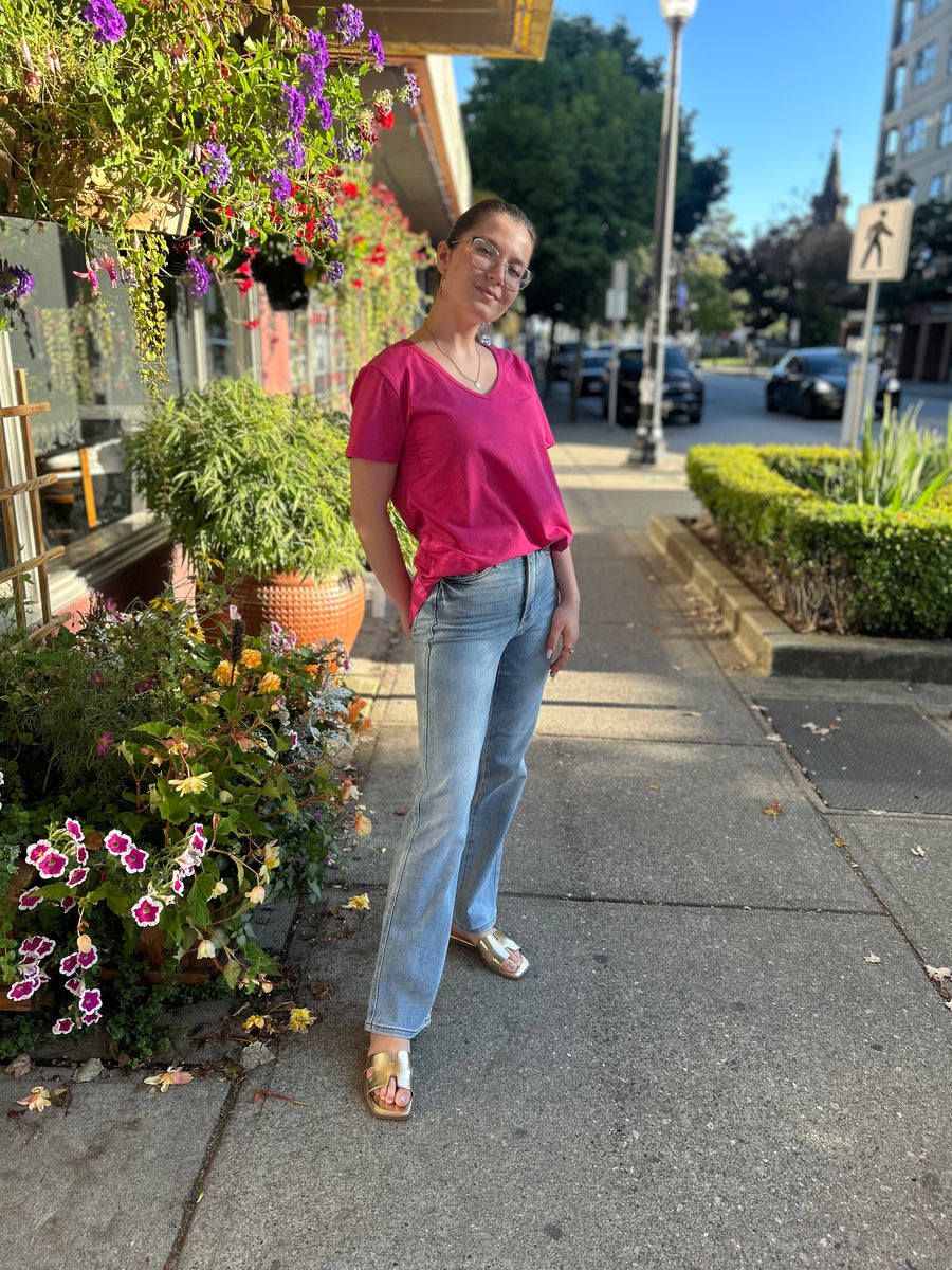 Brooklyn | Cotton V Neck Tee - Fuchsia