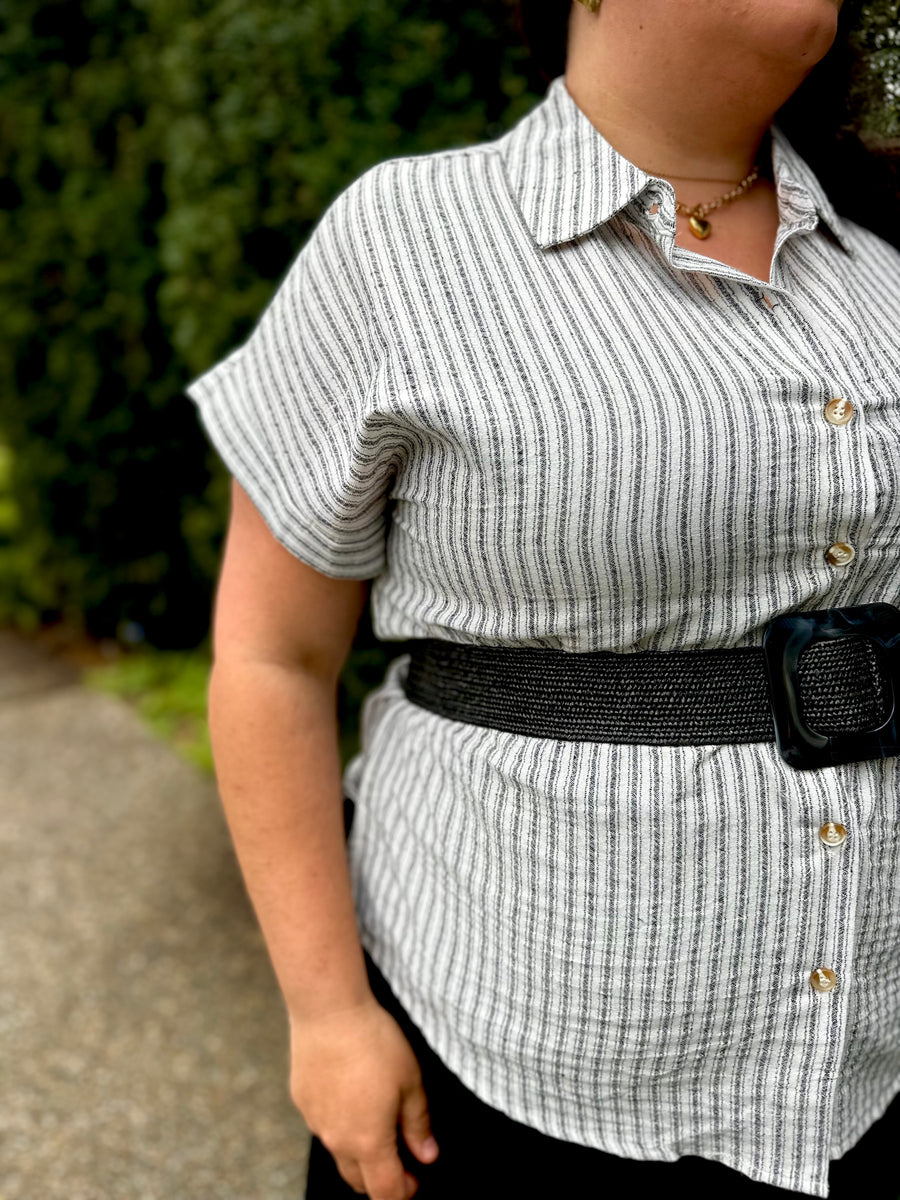 Hannah Short Sleeve Striped Button Up Shirt | Black