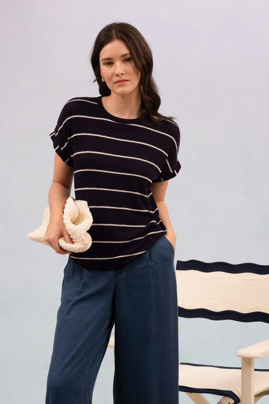 Julie Round Neck Short Cuff Sleeve Knit Top | Navy