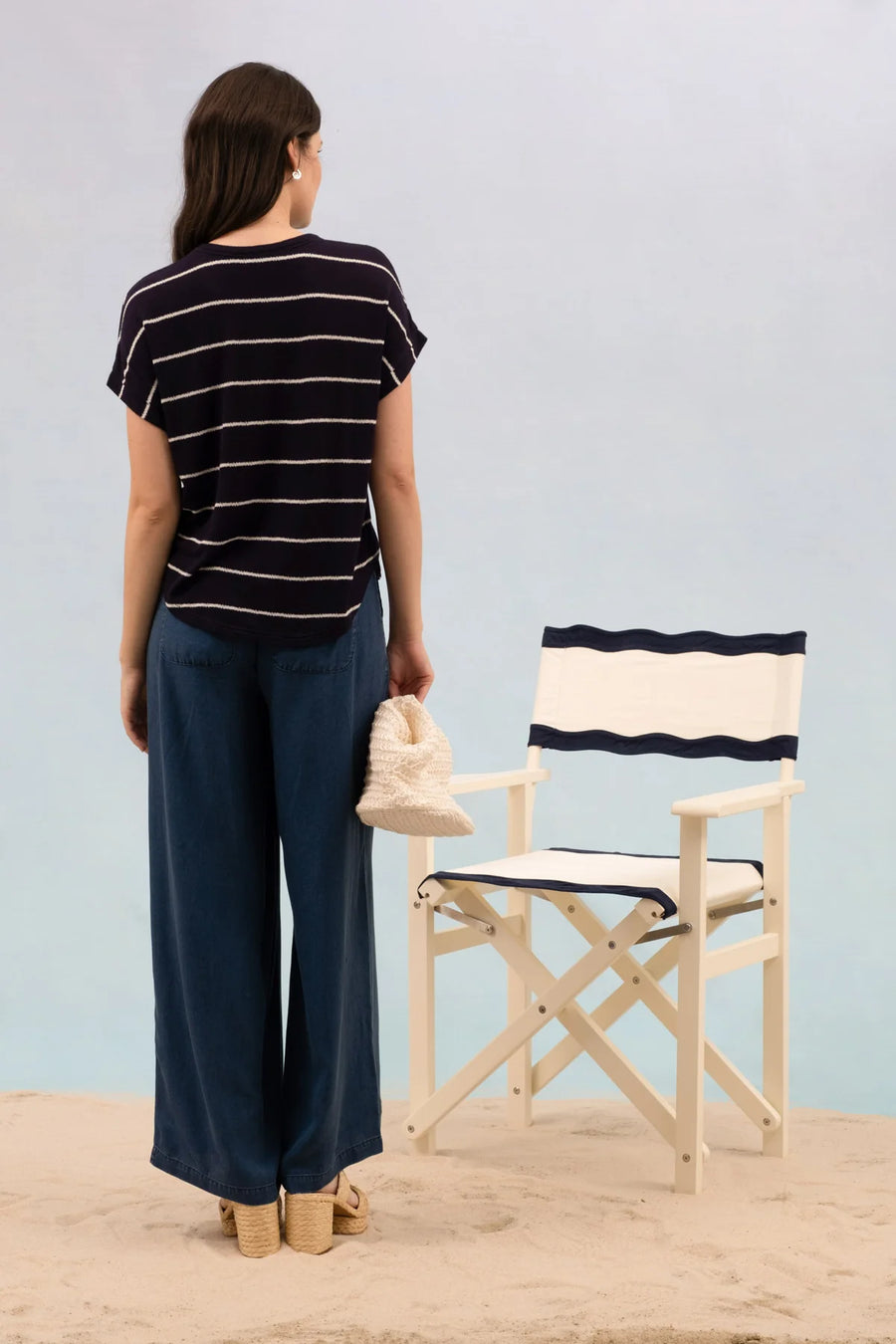 Julie Round Neck Short Cuff Sleeve Knit Top | Navy