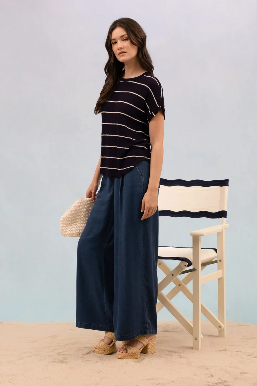 Julie Round Neck Short Cuff Sleeve Knit Top | Navy