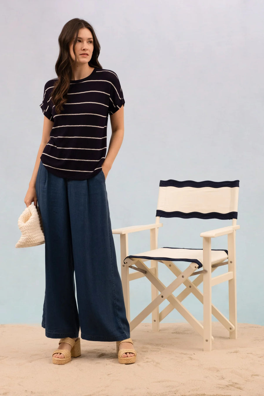 Julie Round Neck Short Cuff Sleeve Knit Top | Navy