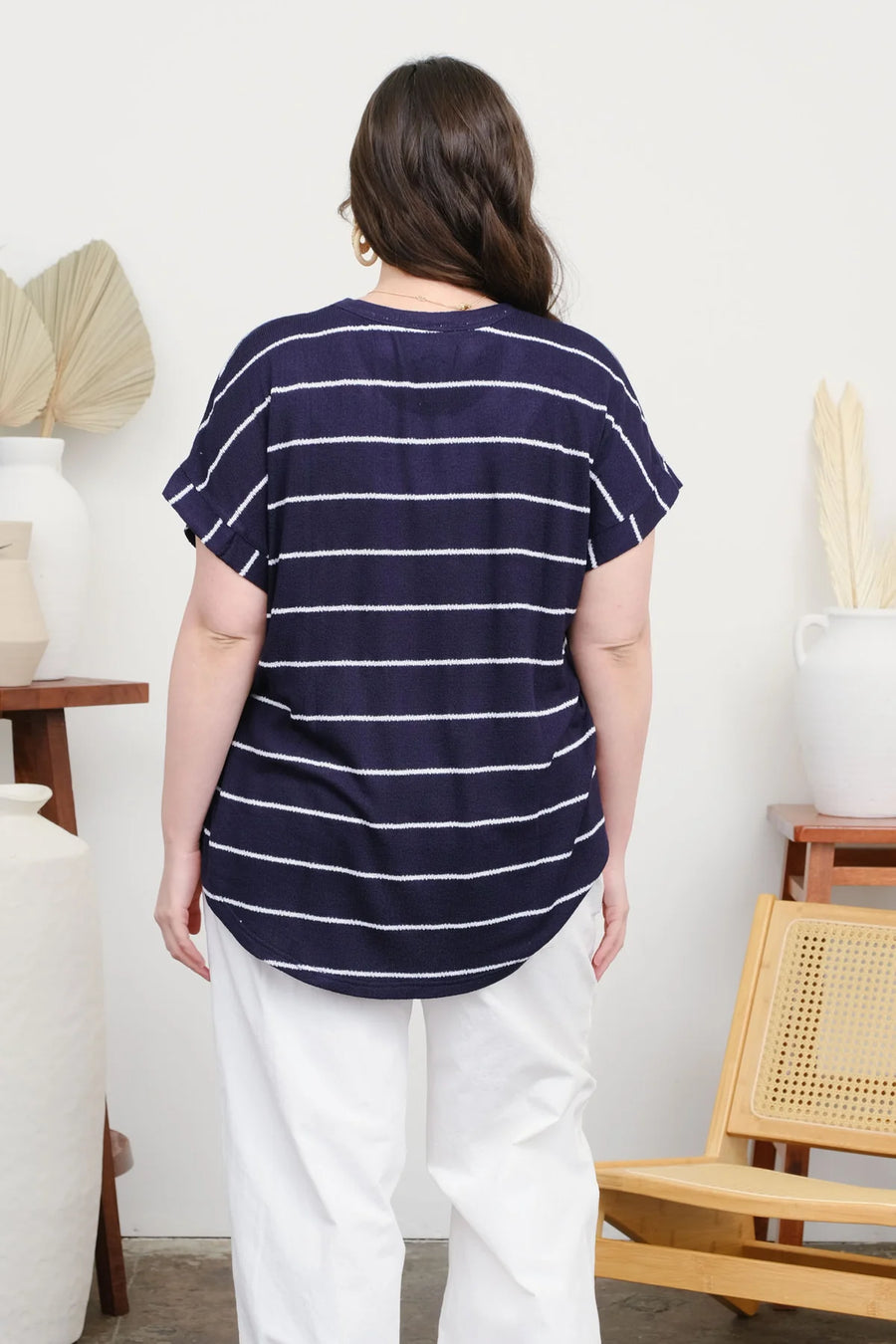 Julie Round Neck Short Cuff Sleeve Knit Top | Navy