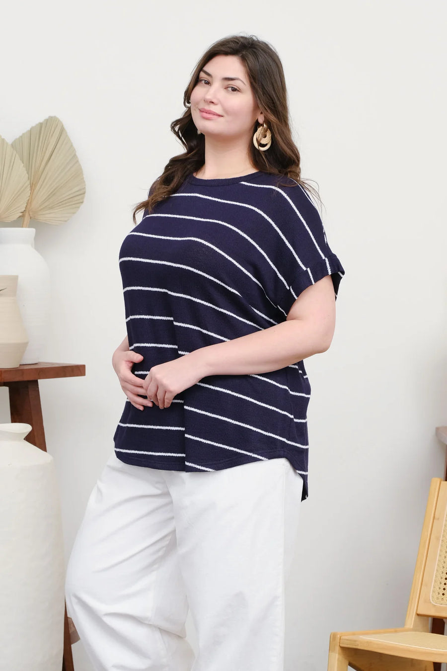 Julie Round Neck Short Cuff Sleeve Knit Top | Navy