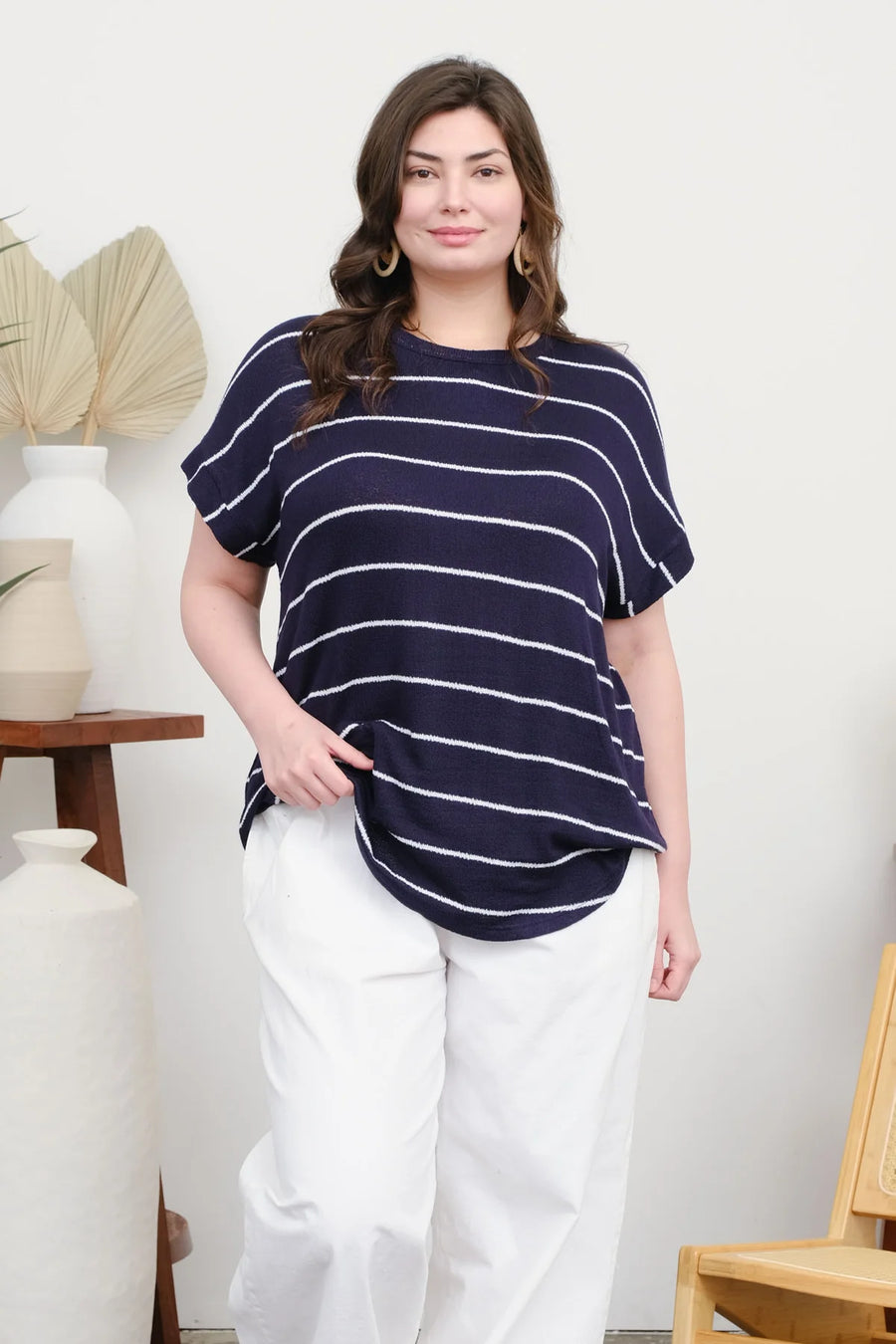 Julie Round Neck Short Cuff Sleeve Knit Top | Navy