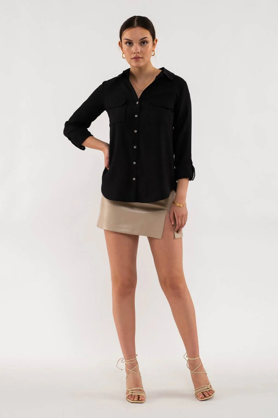 Diane Collared Button Down Pocket Detail Shirt | Black