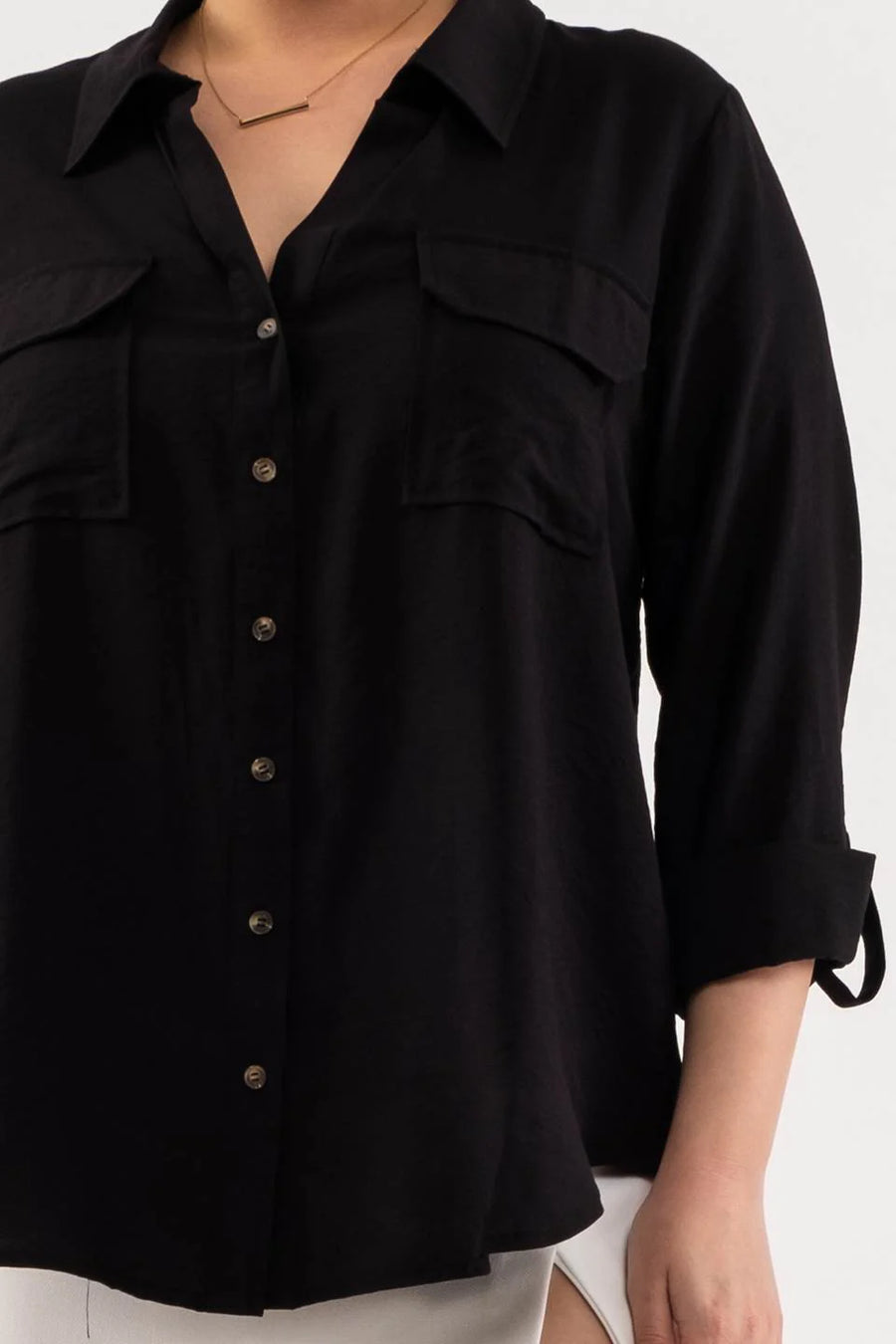 Diane Collared Button Down Pocket Detail Shirt | Black