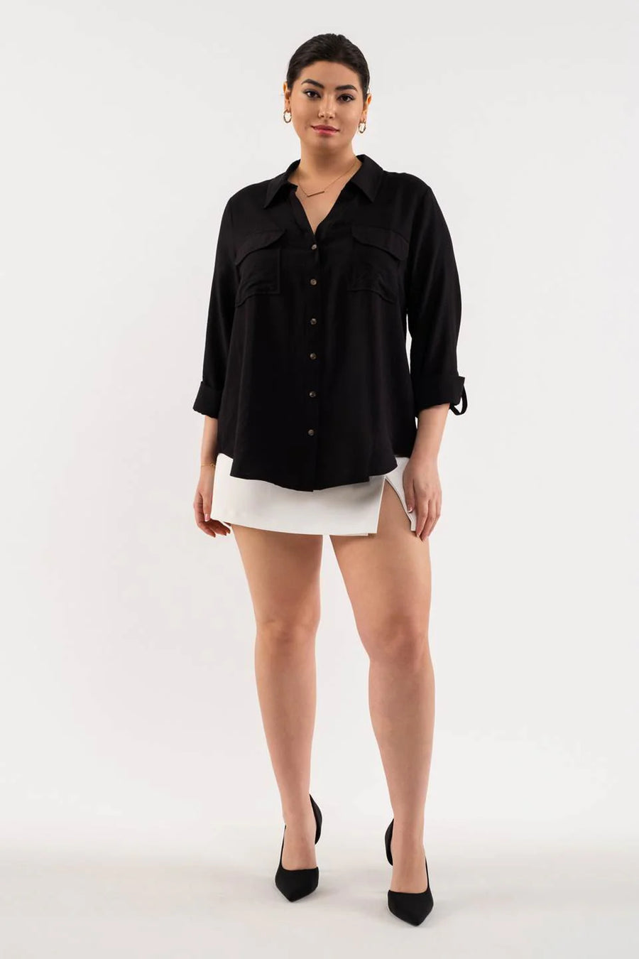 Diane Collared Button Down Pocket Detail Shirt | Black