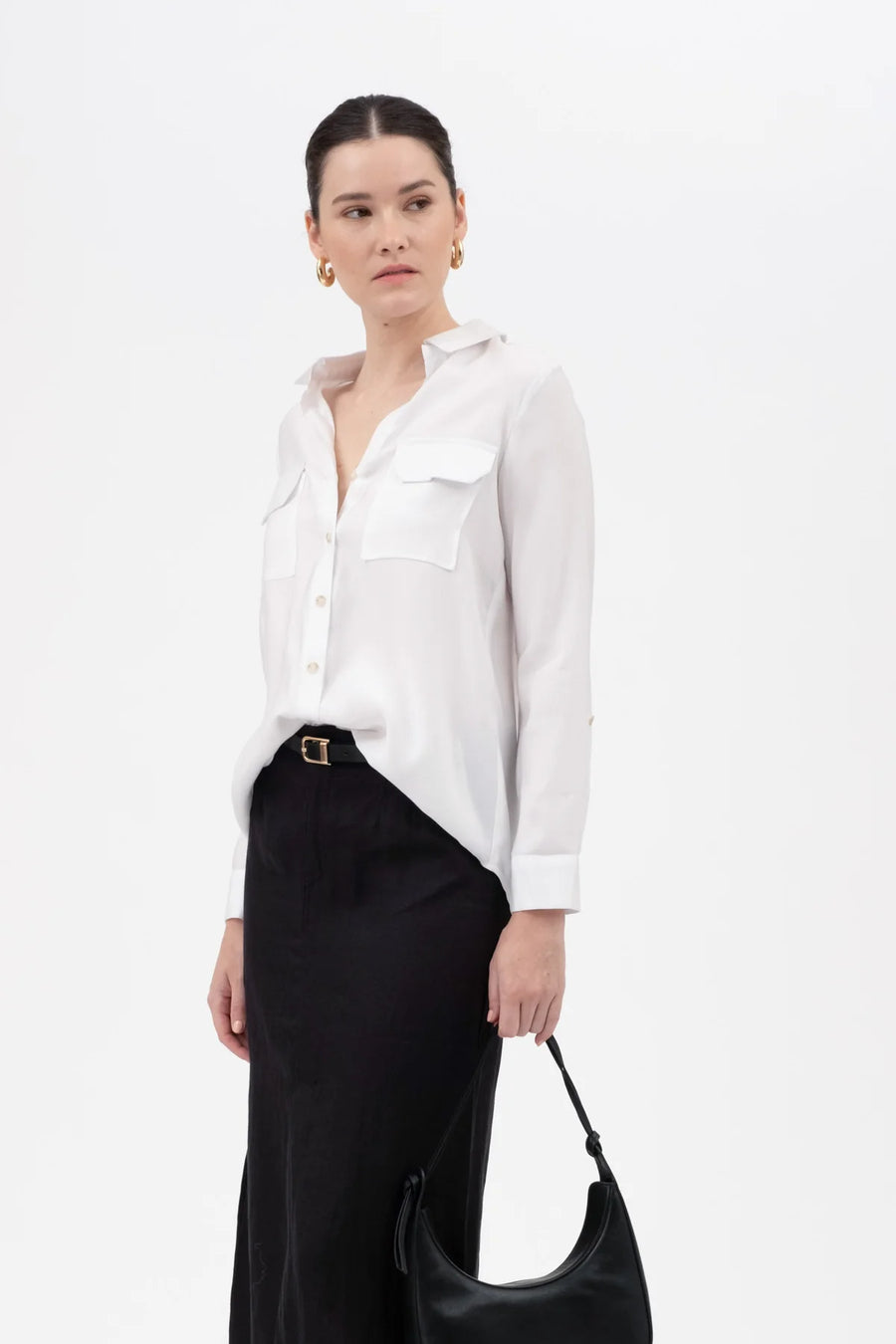 Diane Collared Button Down Pocket Detail Shirt | White