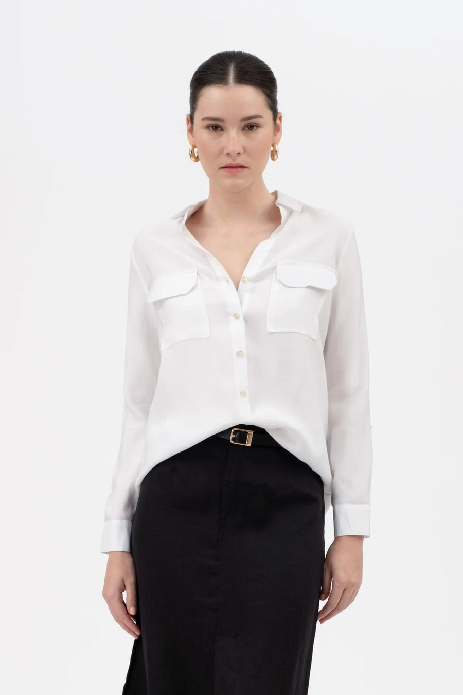 Diane Collared Button Down Pocket Detail Shirt | White