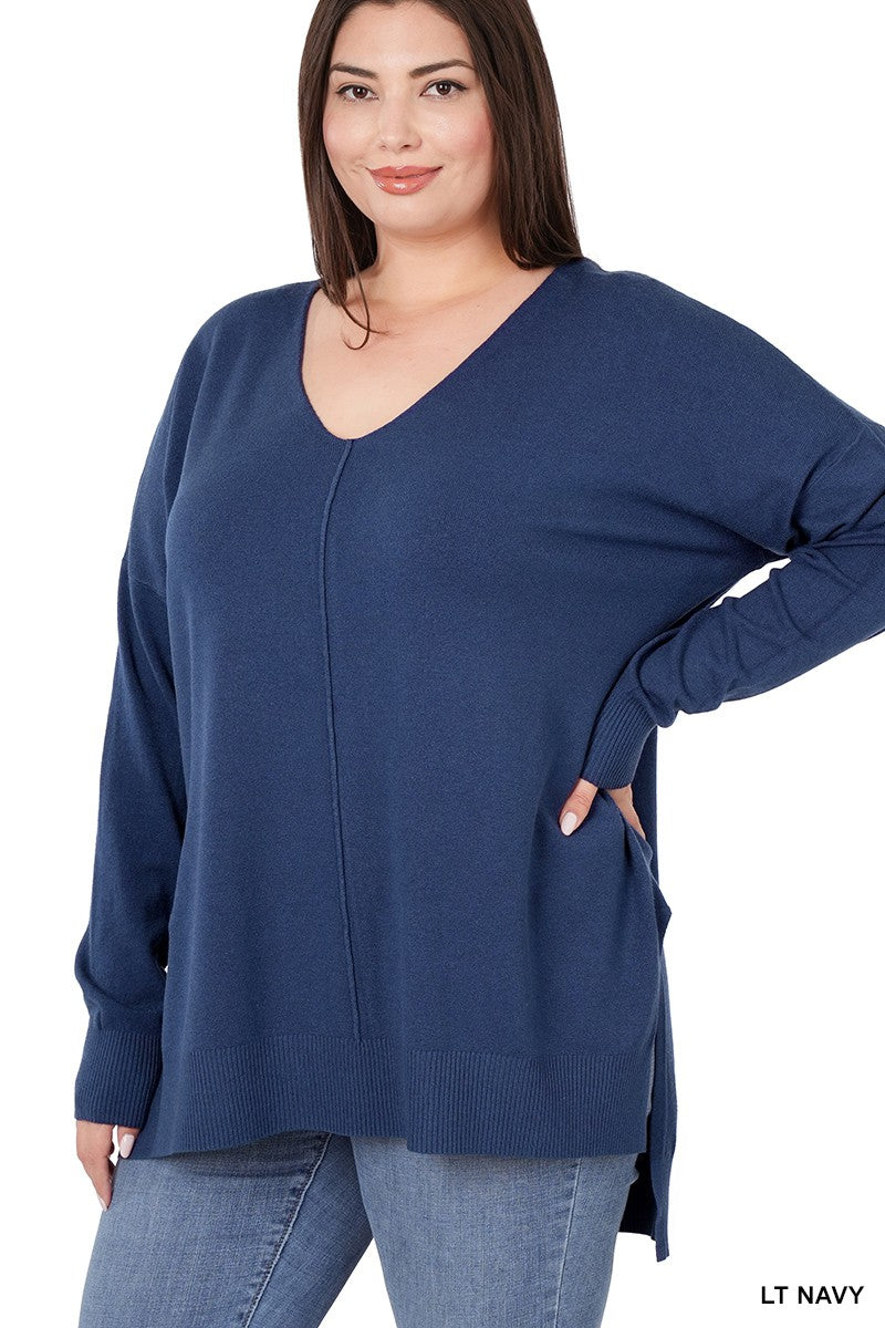 Cloud Nine | High-Low Hem V-Neck Sweater | H LT Navy