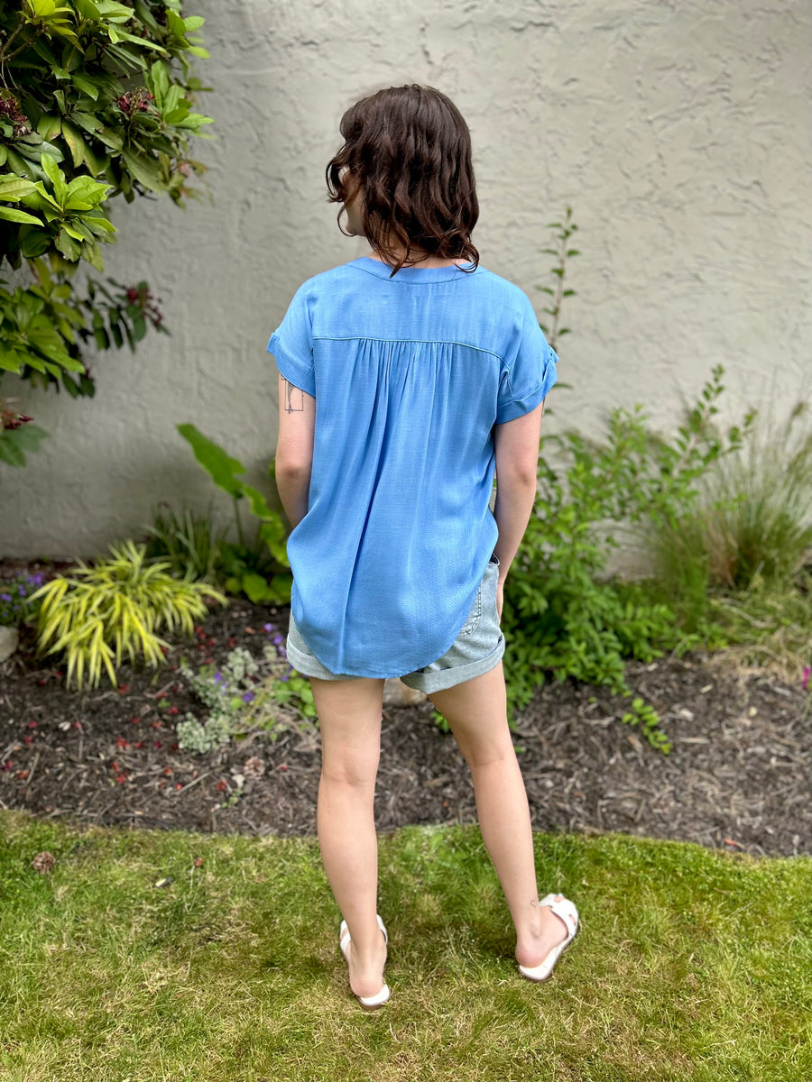Amy Rolled Sleeve Woven Top | Blue