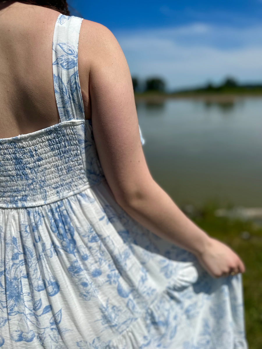 Daphne | Fruit Blossom Tiered Midi Dress | Blue