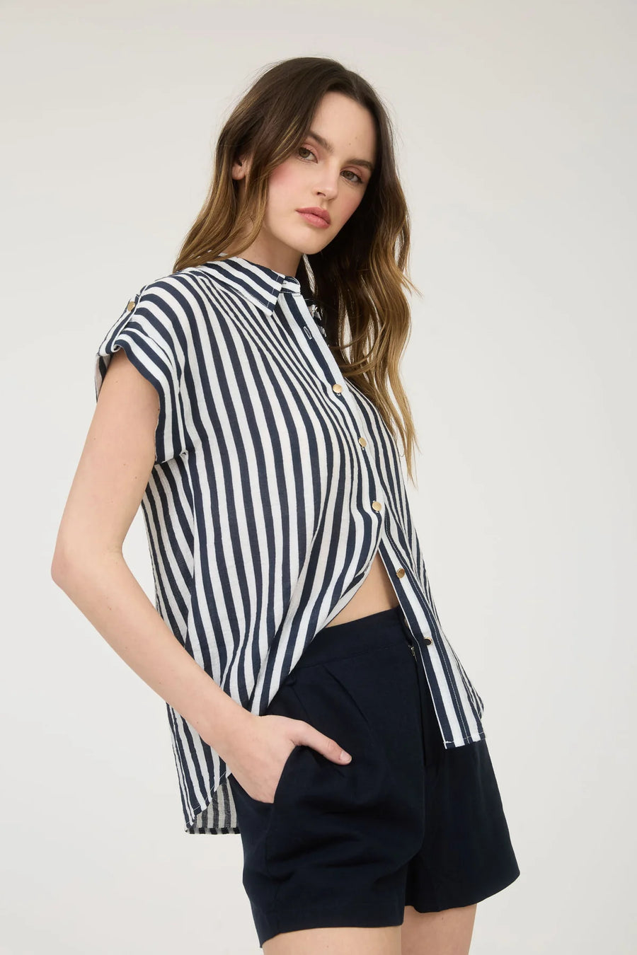 Atlas Stripe Short Sleeve Button Down Shirt | Navy