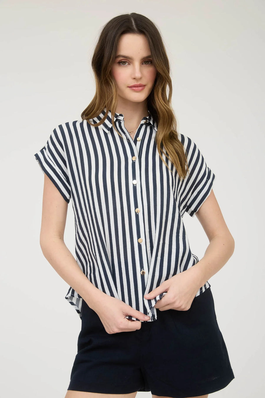 Atlas Stripe Short Sleeve Button Down Shirt | Navy
