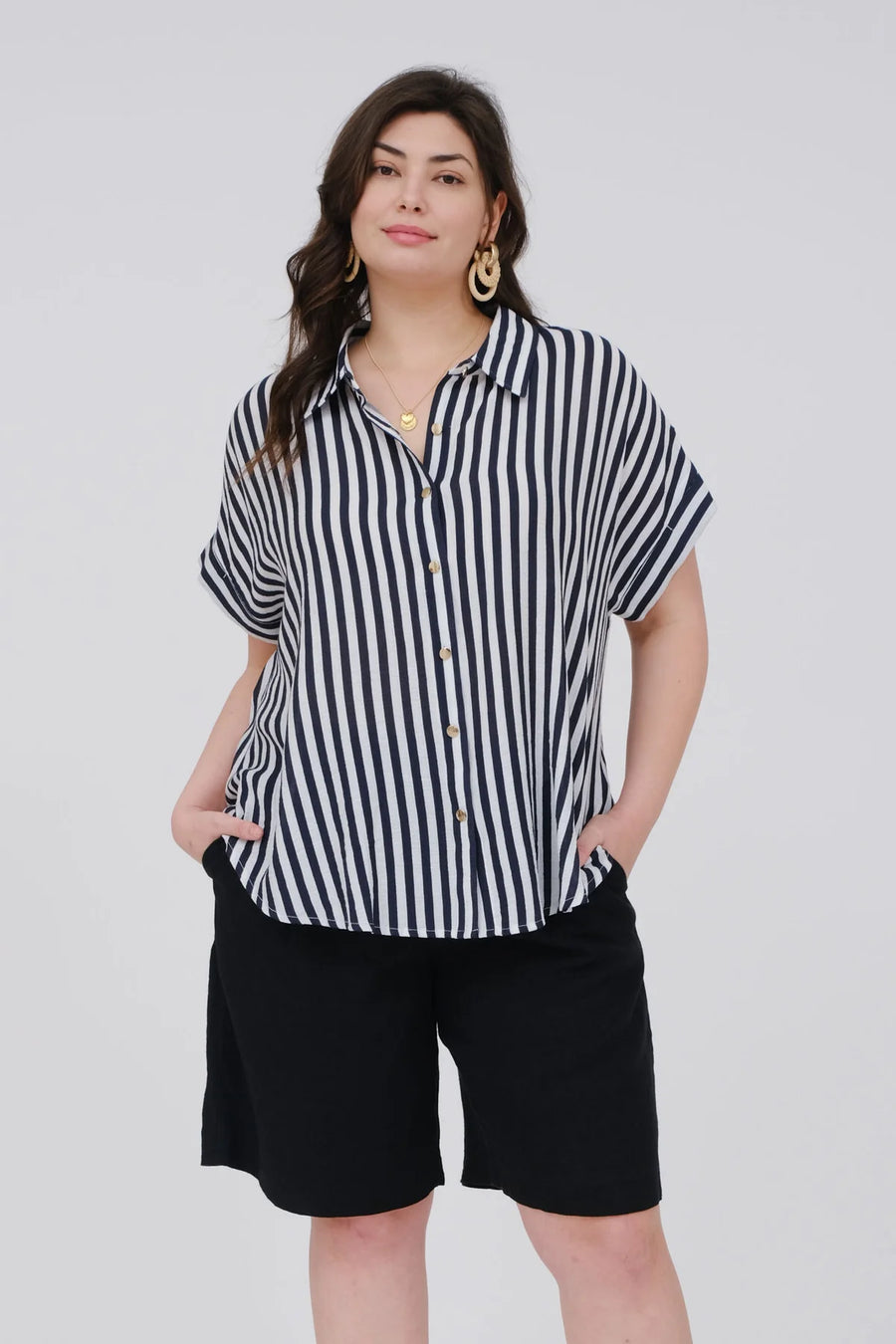 Atlas Stripe Short Sleeve Button Down Shirt | Navy