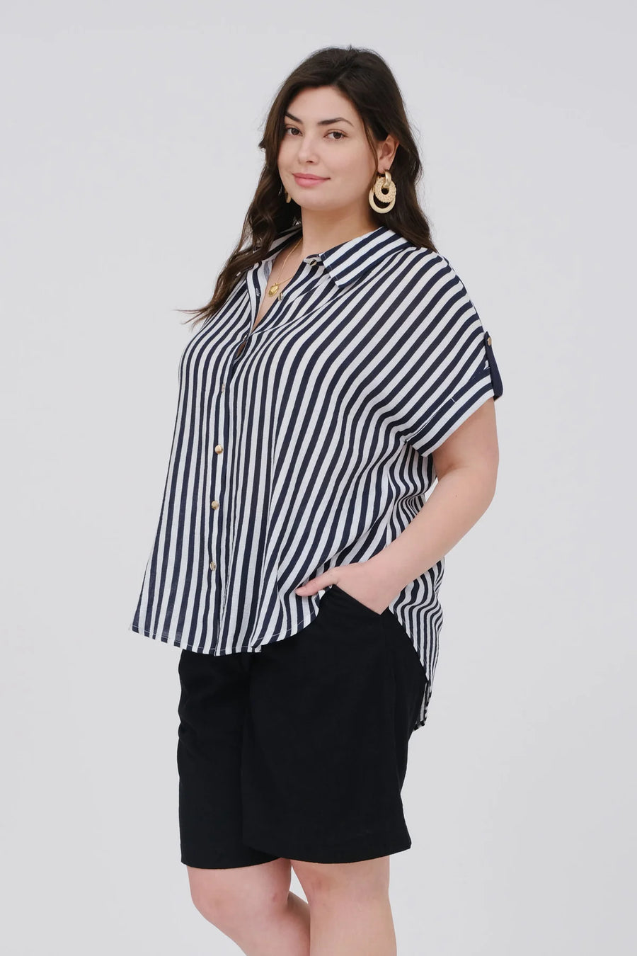Atlas Stripe Short Sleeve Button Down Shirt | Navy