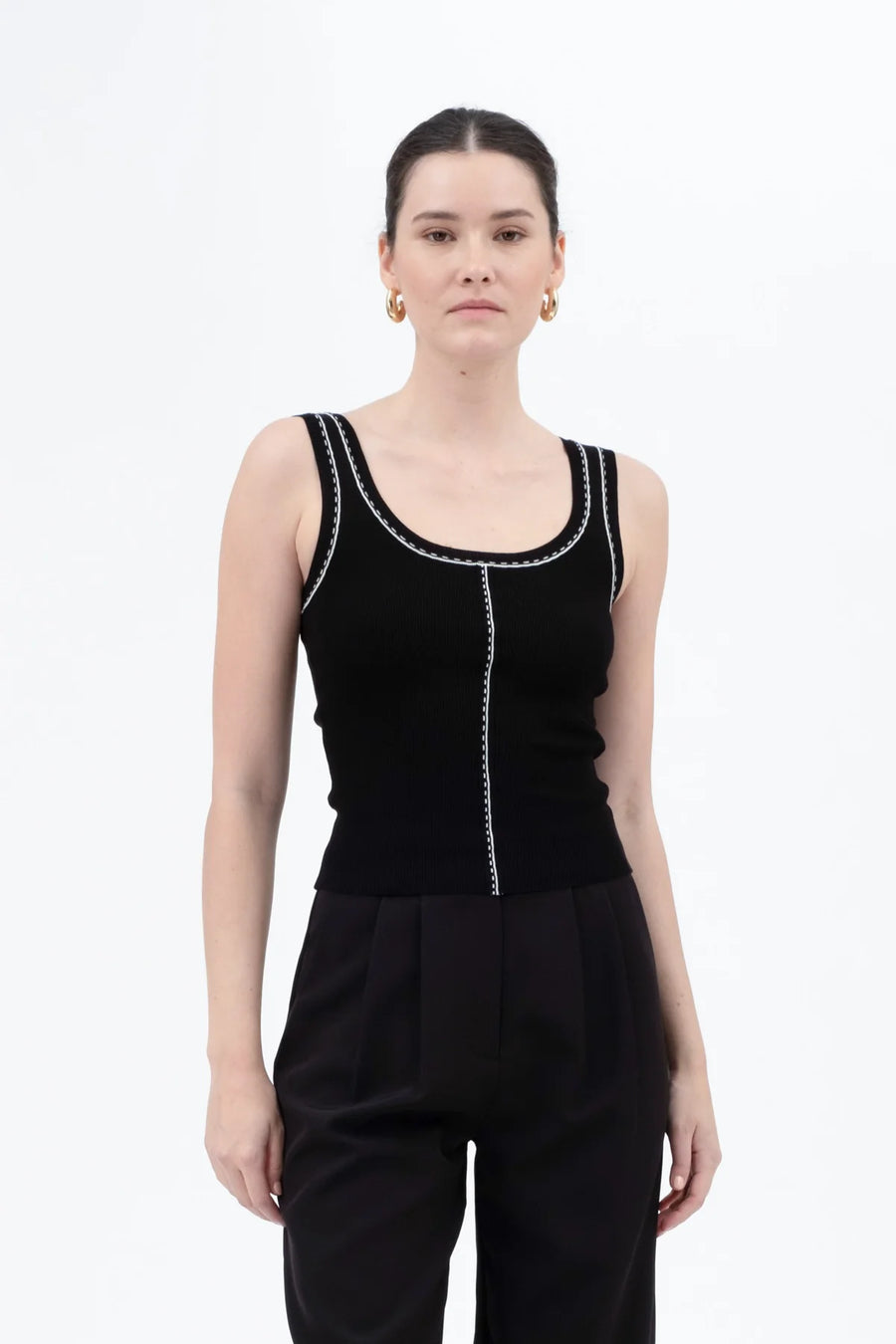 Lottie Contrast Line Stitch Detail Knit Tank | Black