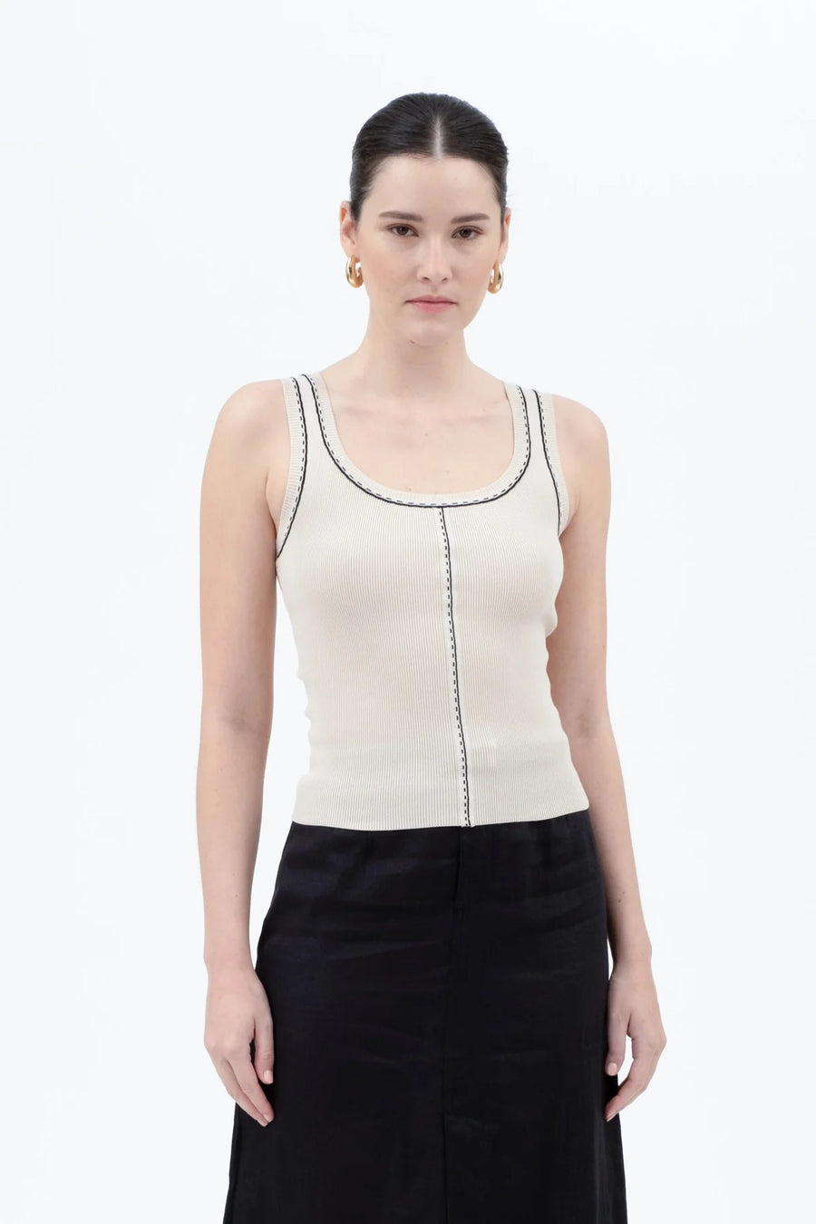 Lottie | Contrast Line Stitch Detail Knit Tank | Light Khaki