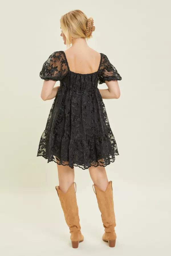 Jenna Embroidered Lace Babydoll Mini Dress | Black