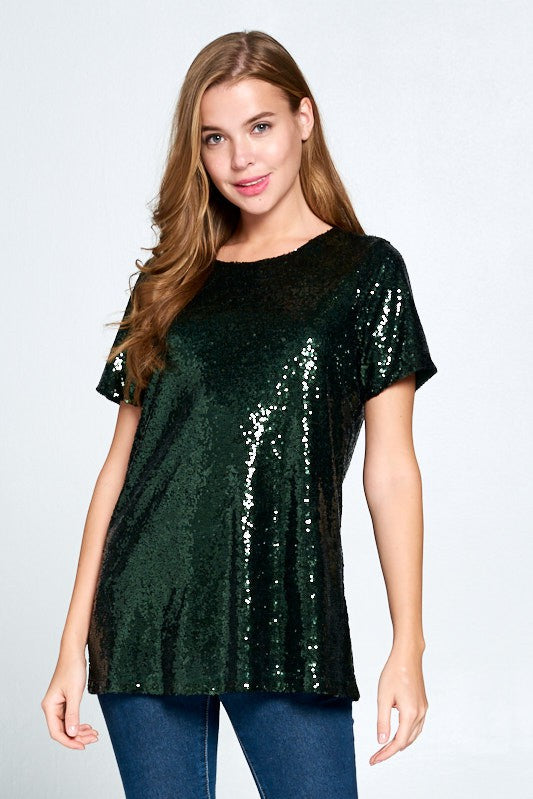 Midnight Cheer | Short Sleeve Sequin Tunic Top | Hunter Green