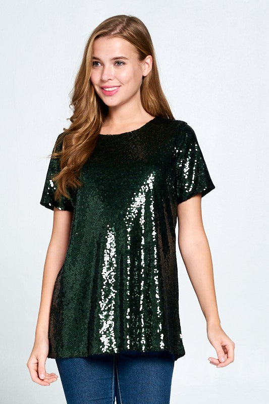 Midnight Cheer | Short Sleeve Sequin Tunic Top | Hunter Green