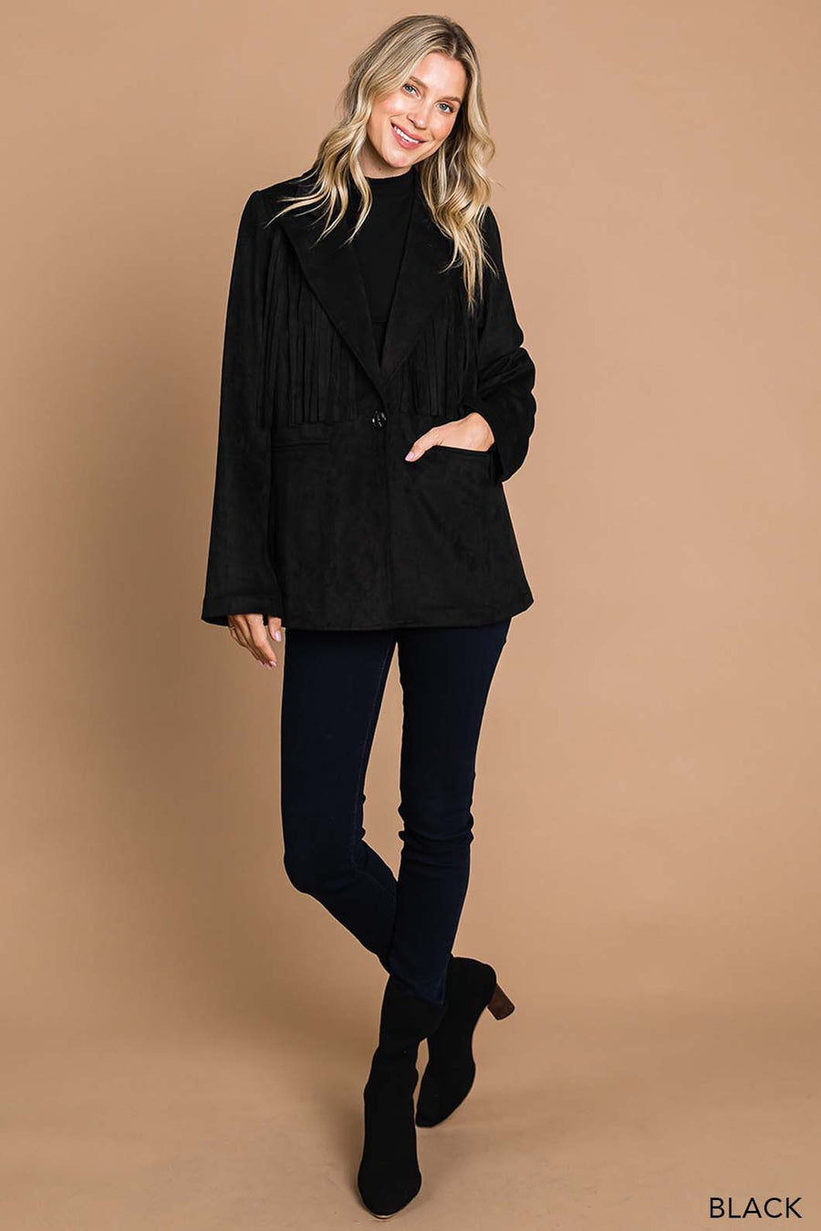 Cowboy Like Me | Faux Suede Tailor Jacket With Fringe Details | Black