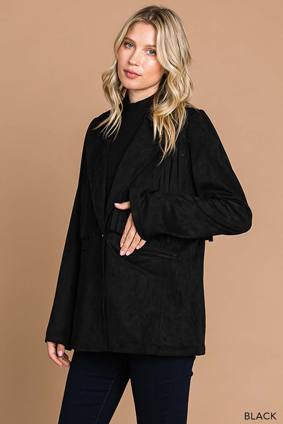 Cowboy Like Me | Faux Suede Tailor Jacket With Fringe Details | Black