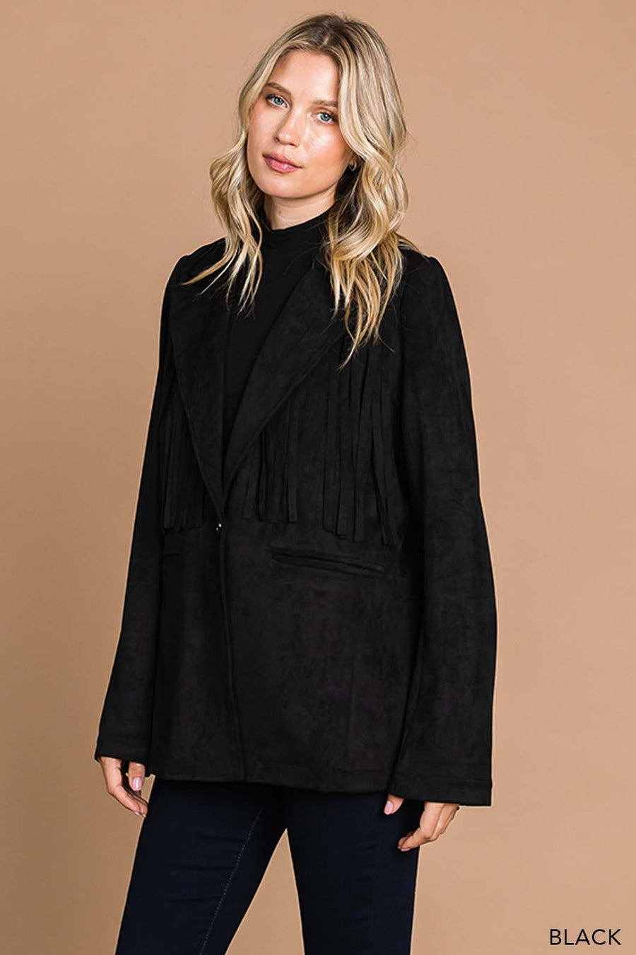 Cowboy Like Me | Faux Suede Tailor Jacket With Fringe Details | Black