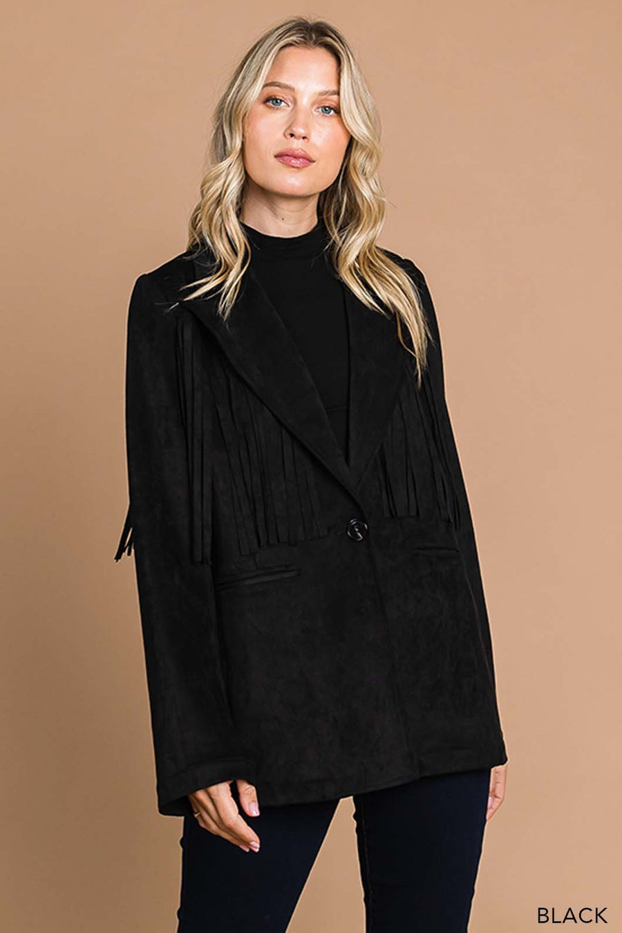 Cowboy Like Me | Faux Suede Tailor Jacket With Fringe Details | Black