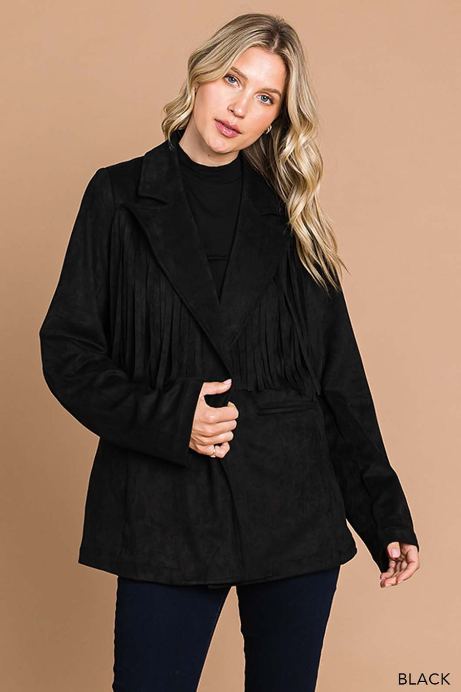 Cowboy Like Me | Faux Suede Tailor Jacket With Fringe Details | Black