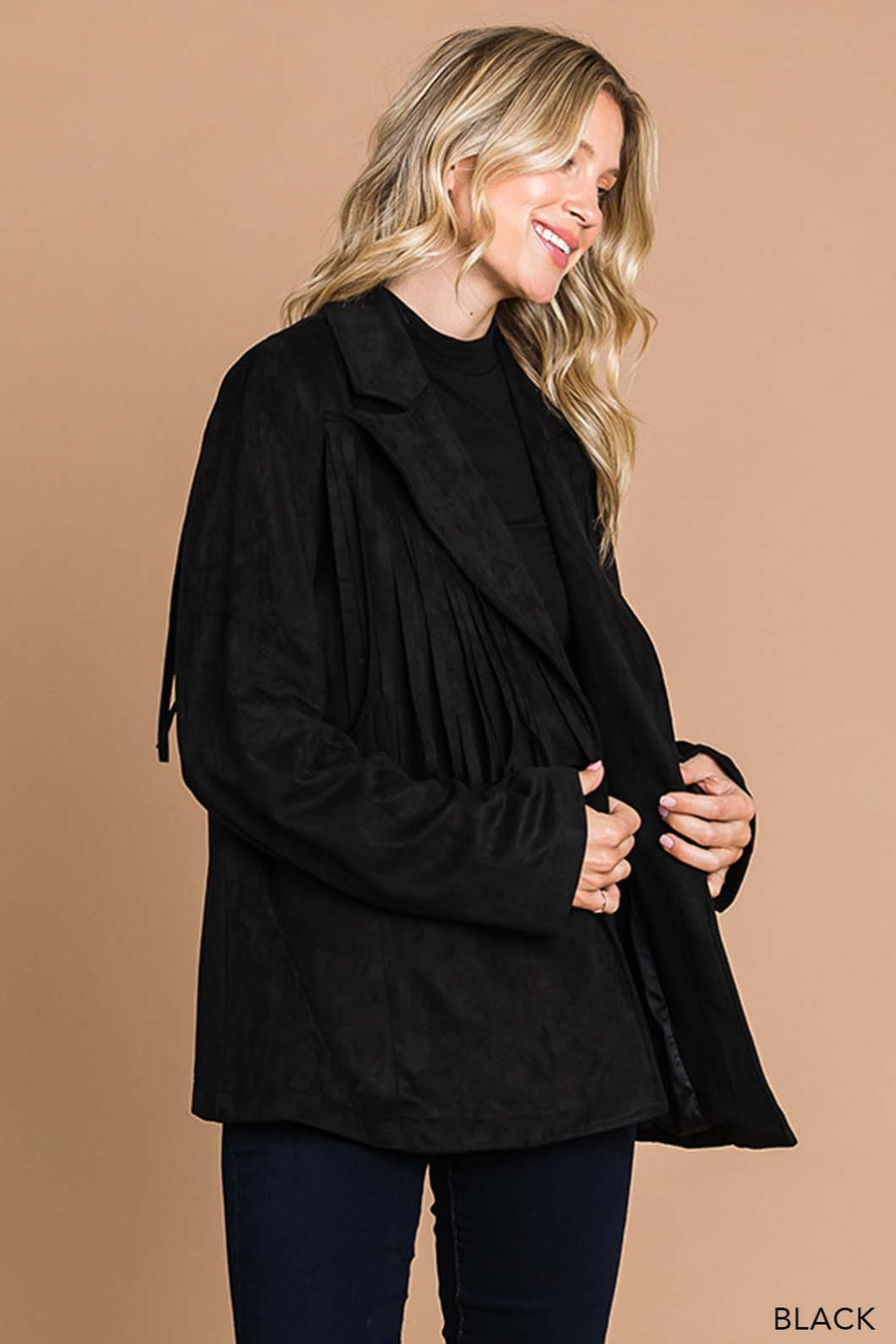 Cowboy Like Me | Faux Suede Tailor Jacket With Fringe Details | Black