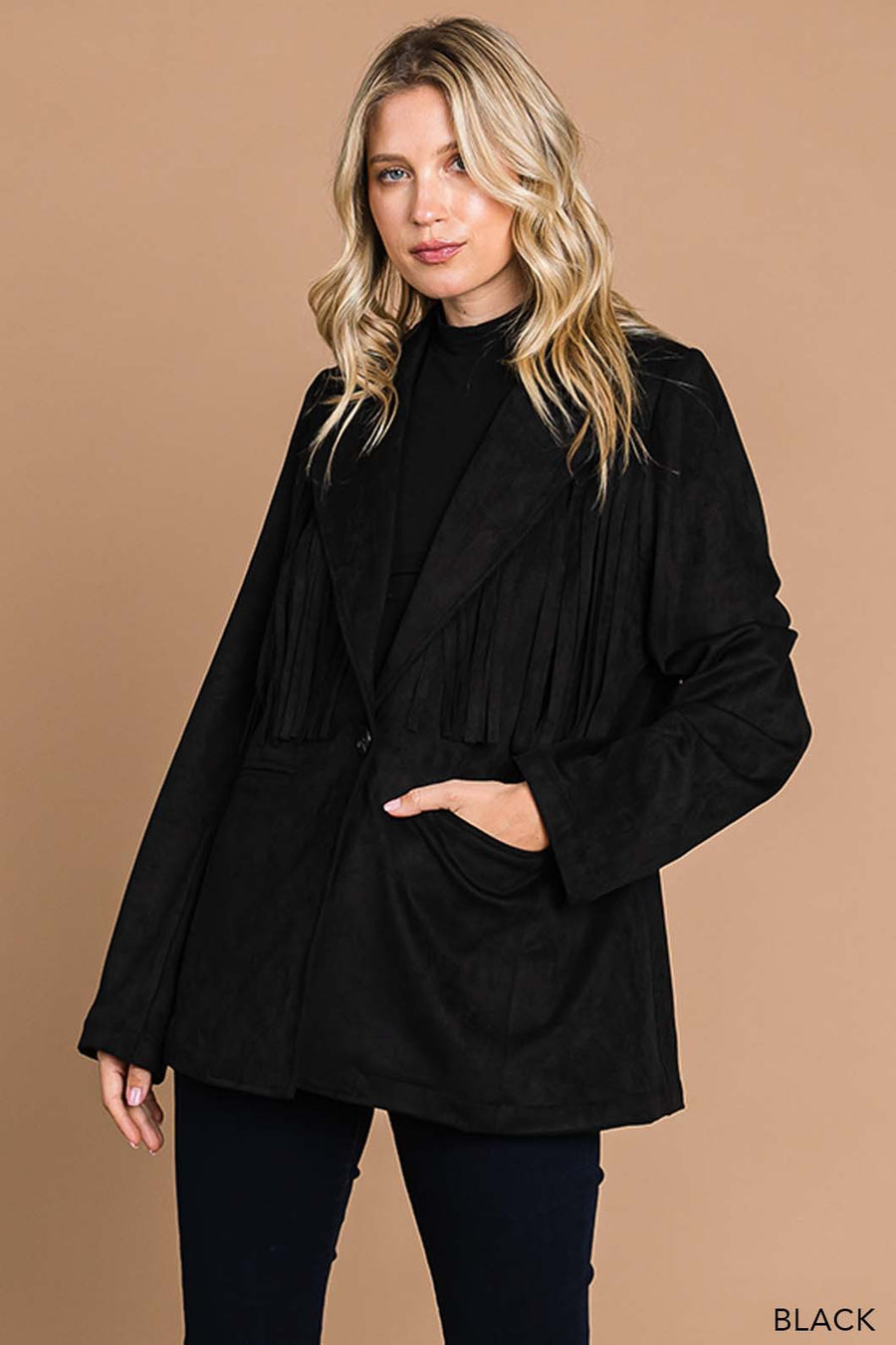 Cowboy Like Me | Faux Suede Tailor Jacket With Fringe Details | Black