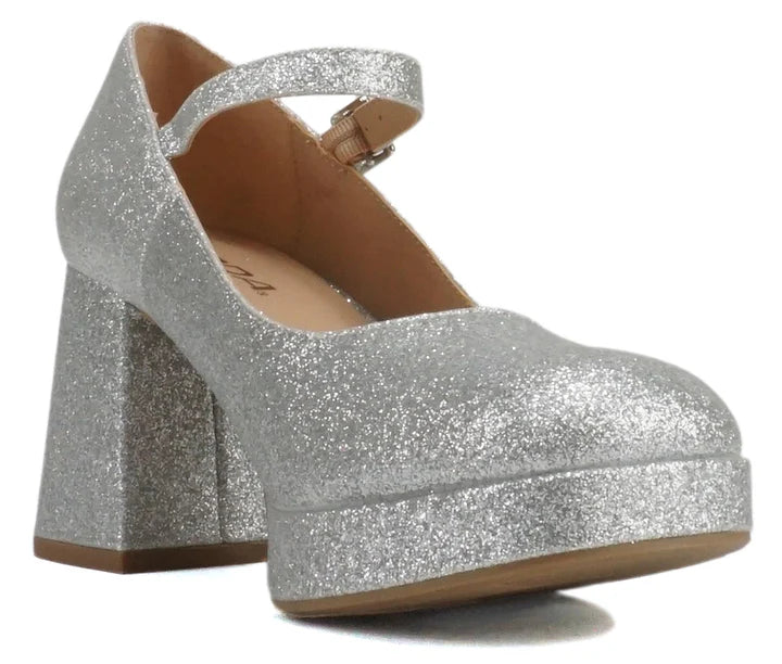 Nosta | Mary Jane Platform Pumps with Adjustable Ankle Straps | Silver Glitter