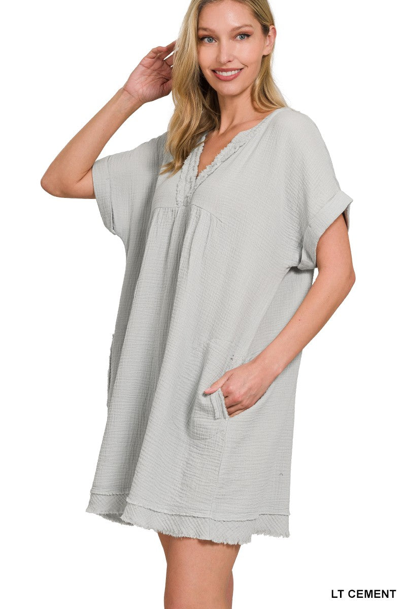 Morning Breeze | Gauze Rolled Short Sleeve V-Neck Dress | Lt Cement