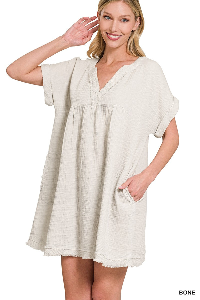 Morning Breeze | Gauze Rolled Short Sleeve V-Neck Dress | Bone