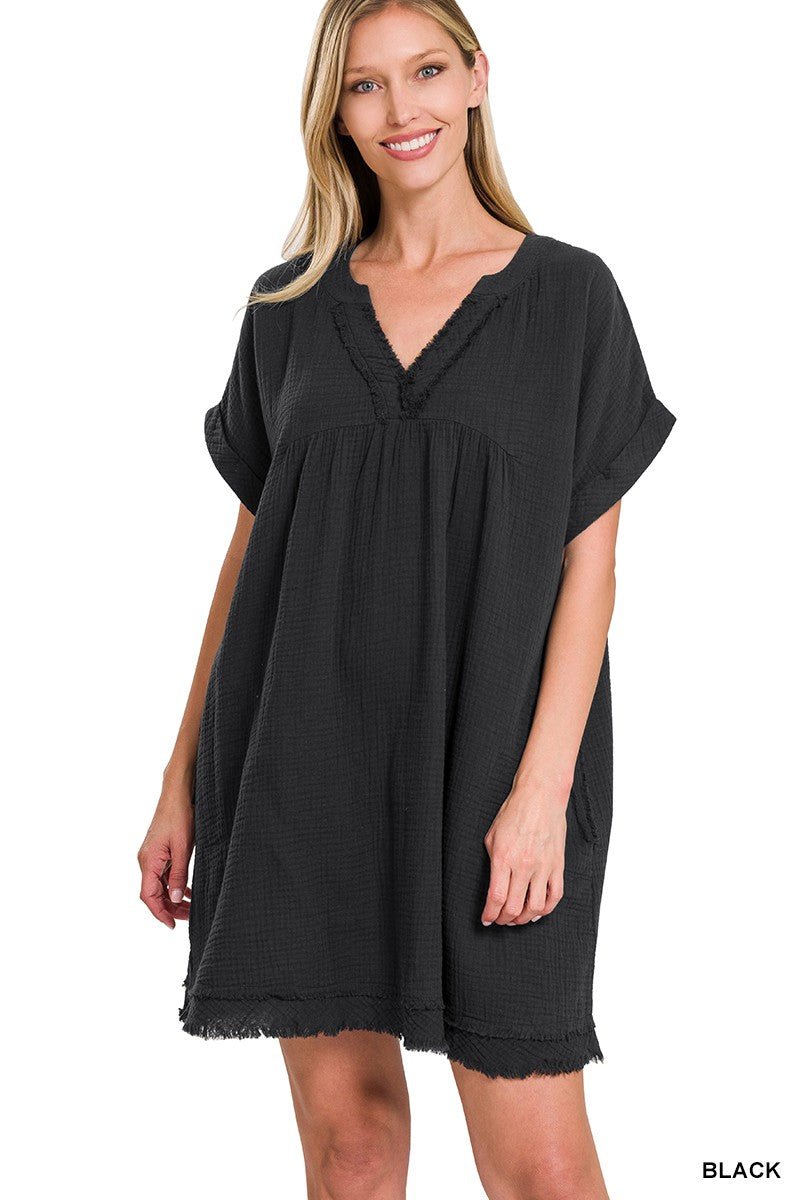 Morning Breeze | Gauze Rolled Short Sleeve V-Neck Dress | Black
