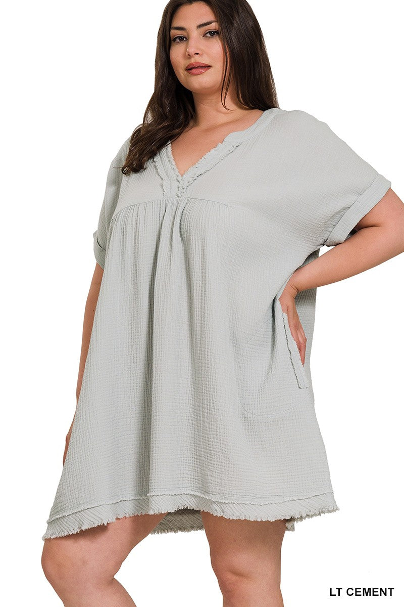 Morning Breeze | Gauze Rolled Short Sleeve V-Neck Dress | Lt Cement