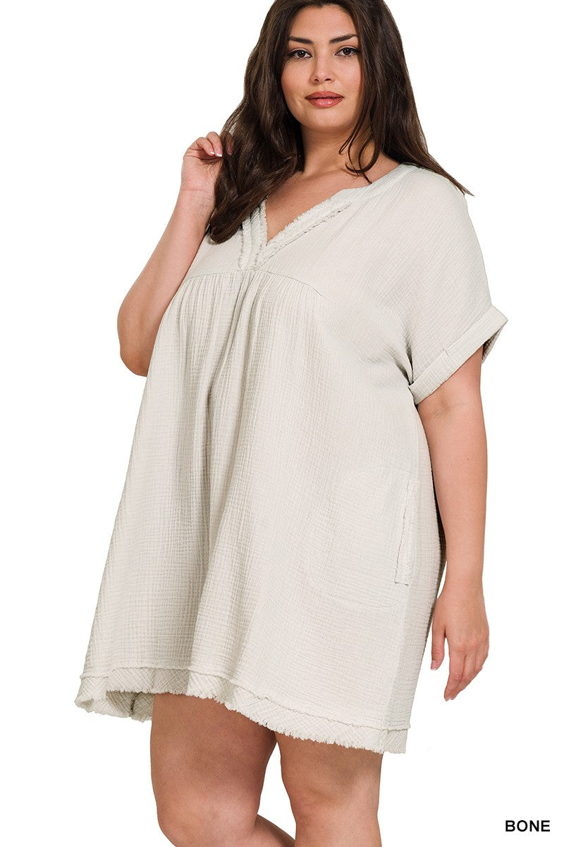 Morning Breeze | Gauze Rolled Short Sleeve V-Neck Dress | Bone