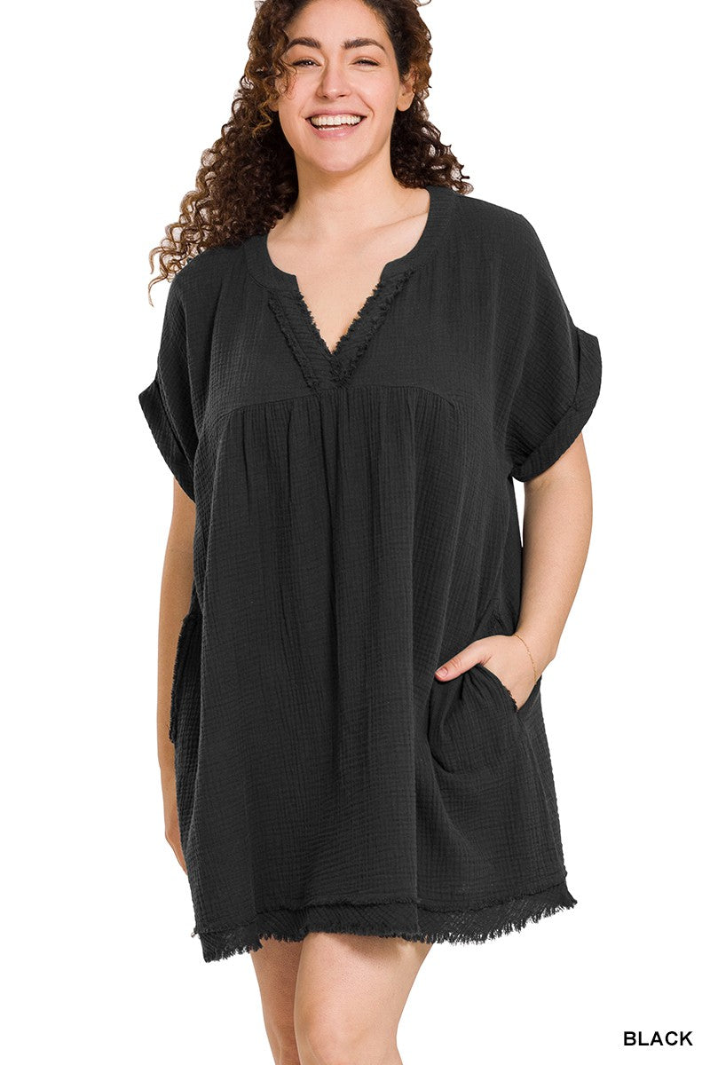Morning Breeze | Gauze Rolled Short Sleeve V-Neck Dress | Black