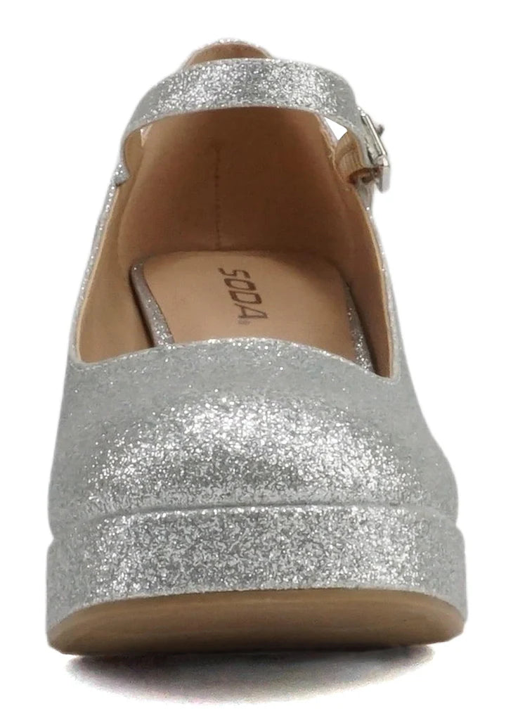 Nosta | Mary Jane Platform Pumps with Adjustable Ankle Straps | Silver Glitter