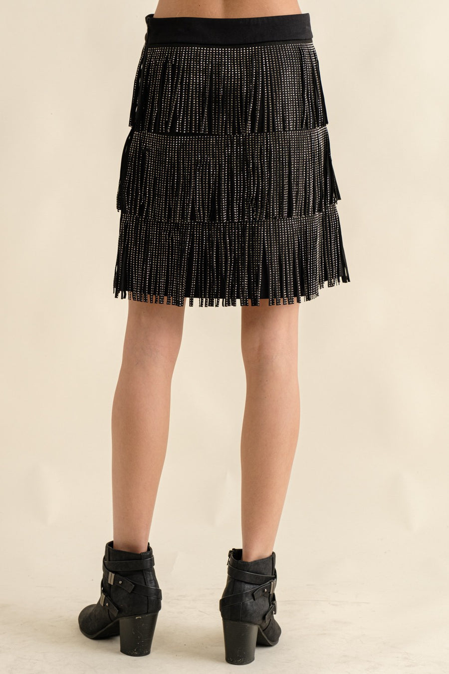 Shake It Off | Rhinestone Suede Fringe Mini Skirt | Black