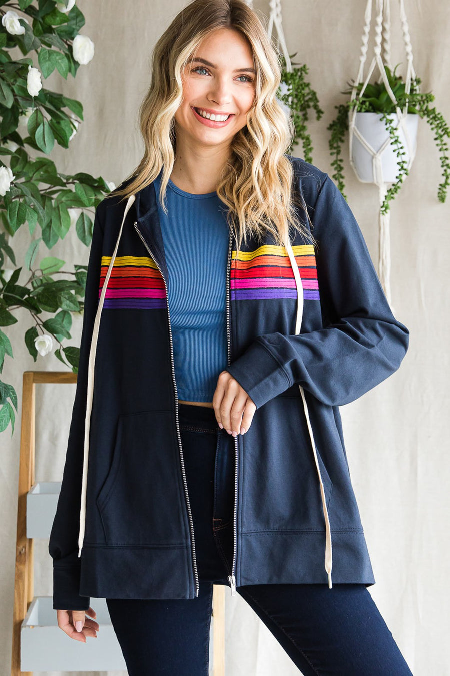 Retro Replay | Washed Cotton Terry Contrast Line Patch Detailed Jacket | Navy