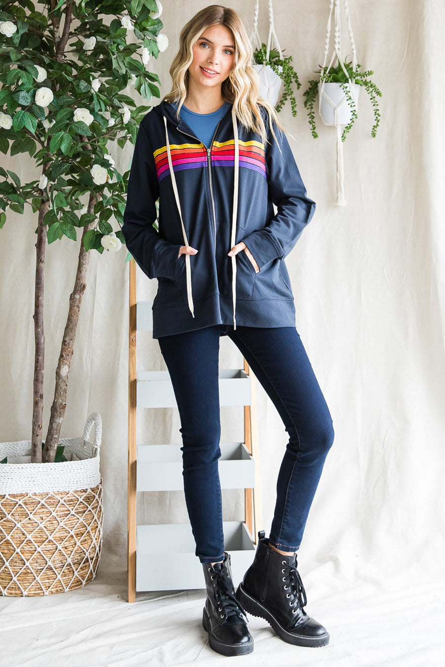 Retro Replay | Washed Cotton Terry Contrast Line Patch Detailed Jacket | Navy