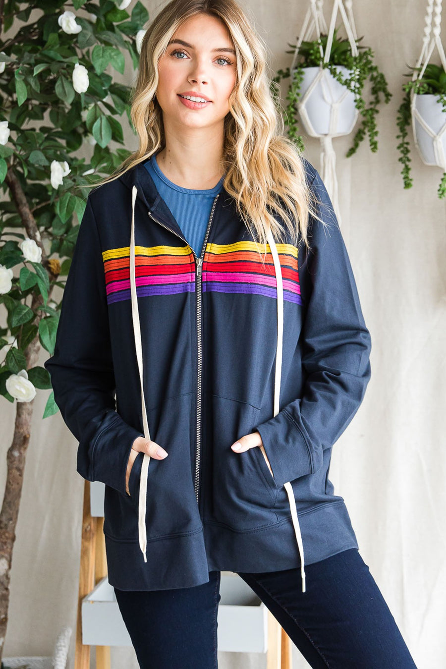 Retro Replay | Washed Cotton Terry Contrast Line Patch Detailed Jacket | Navy