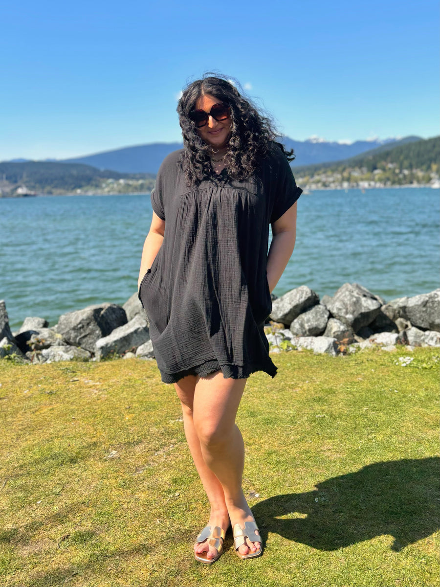 Morning Breeze | Gauze Rolled Short Sleeve V-Neck Dress | Black